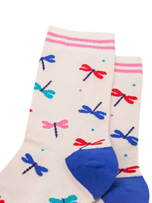 womens-bamboo-socks-cream-blue-dragonfly-close-up