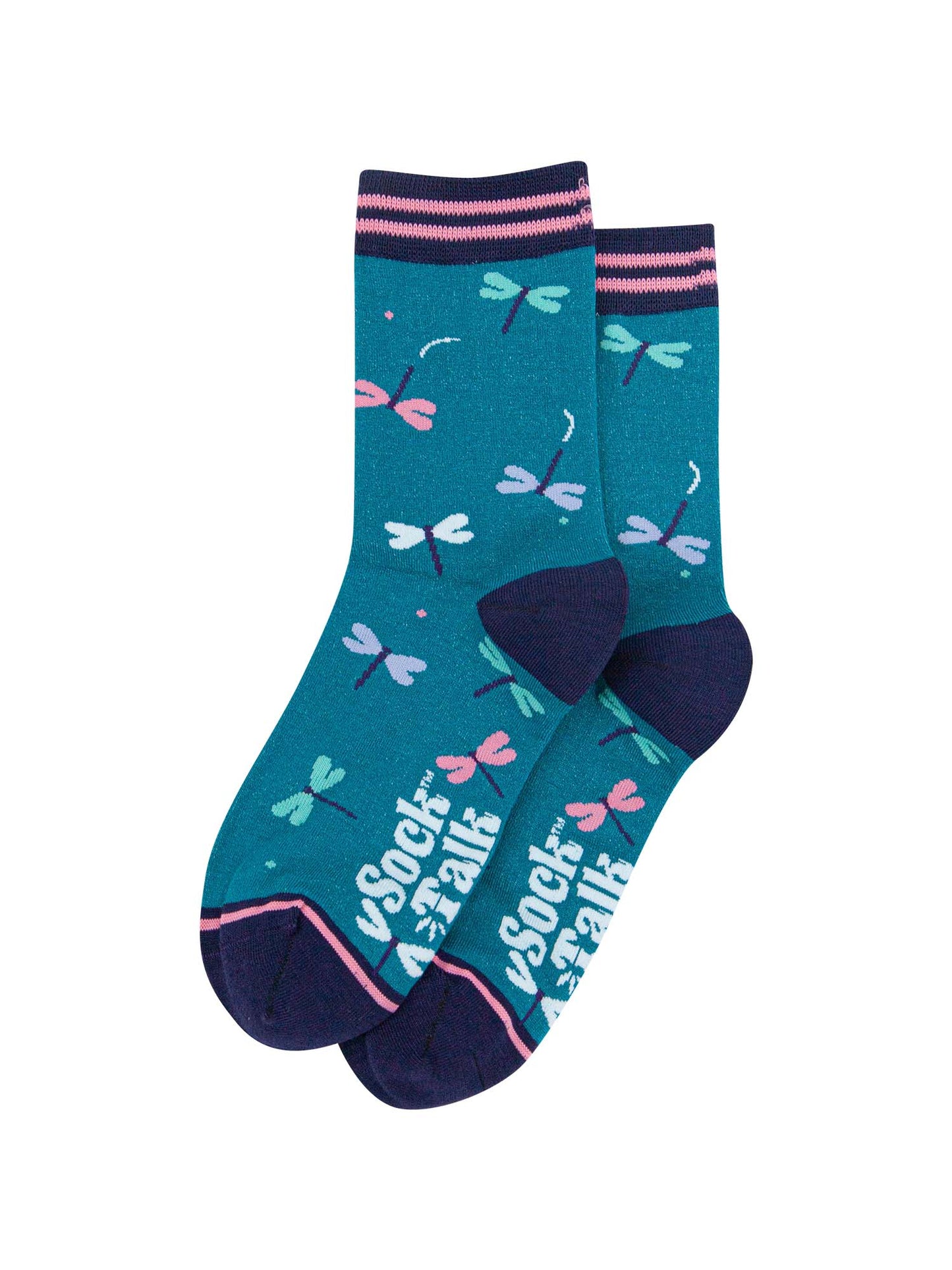 close up of the blue dragonfly socks with pink striped cuff