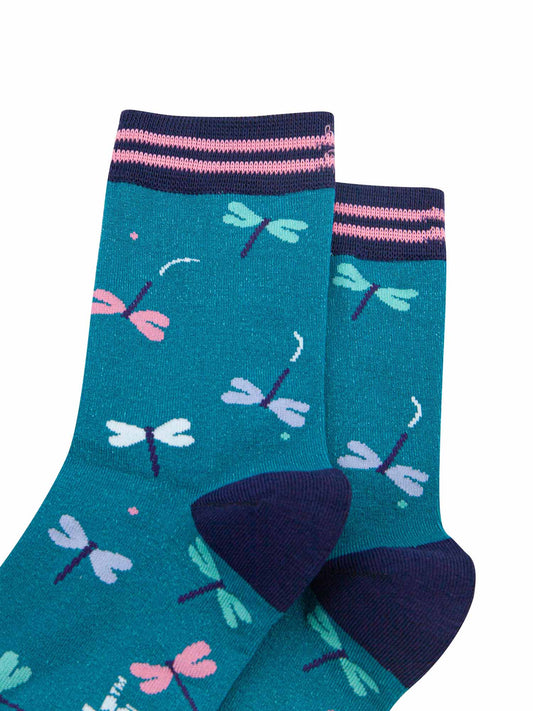 close up of the dragonfly pattern on these ladies ankle socks