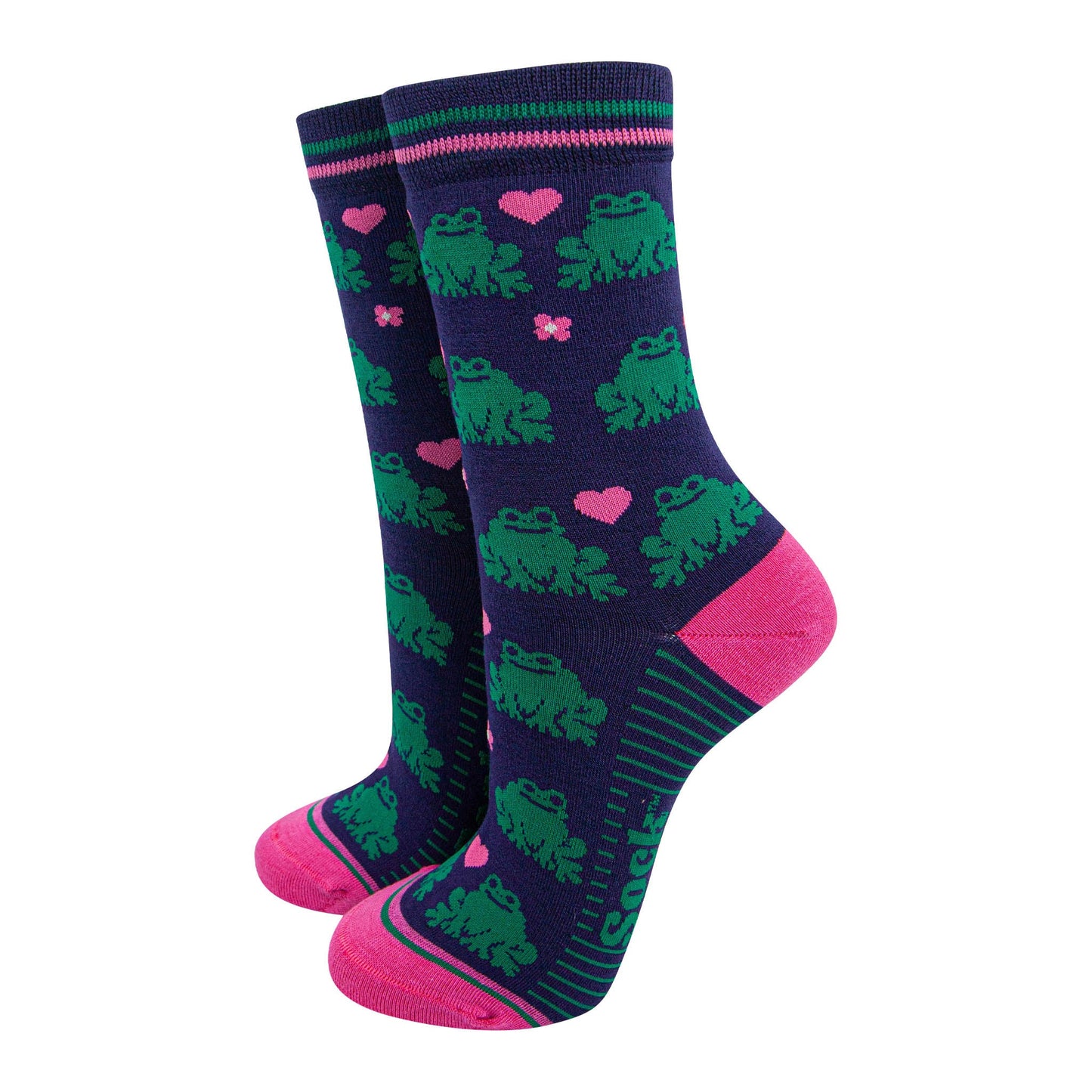 womens-bamboo-socks-navy-blue-pink-frogs-love-hearts