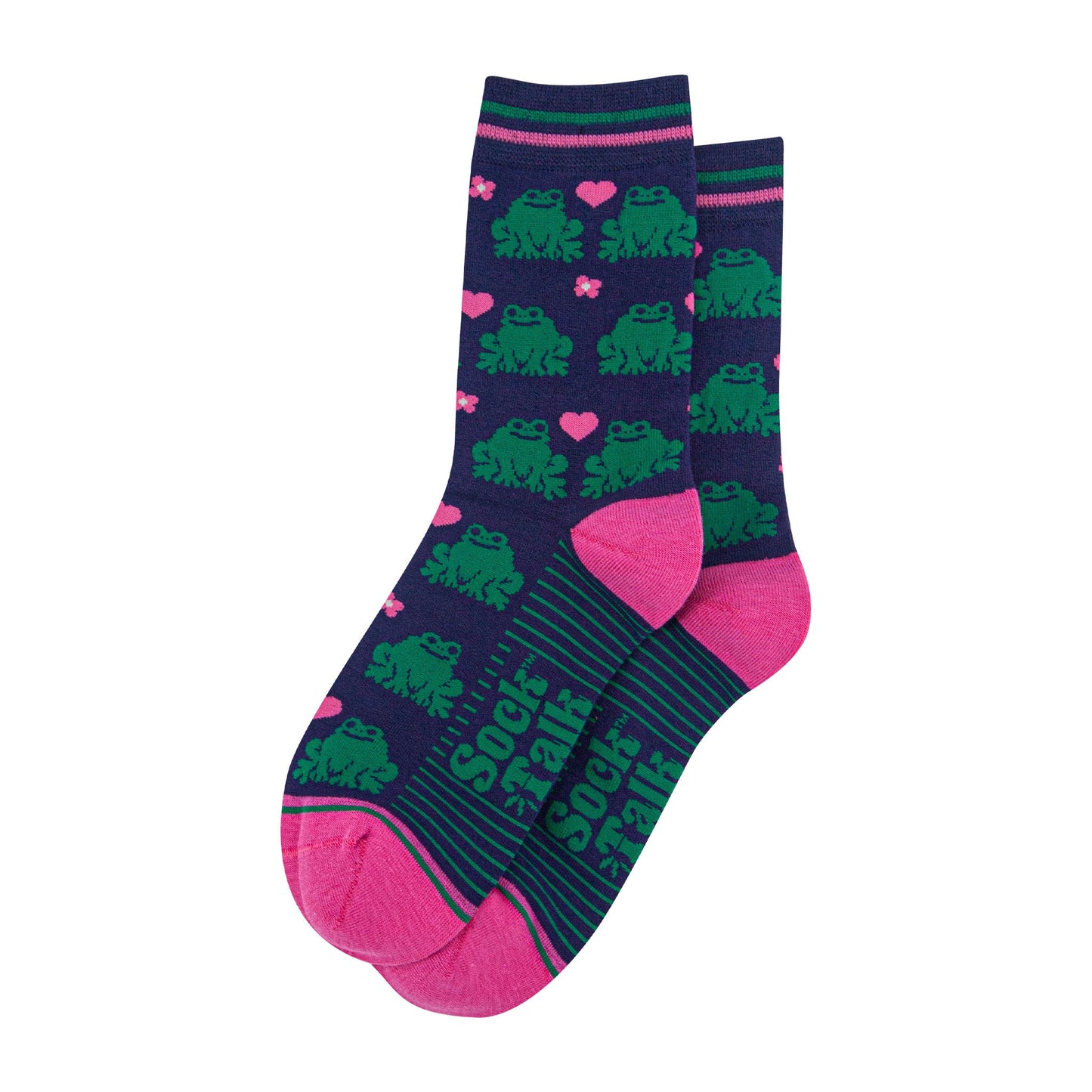 womens-bamboo-socks-navy-blue-pink-frogs-laying-flat