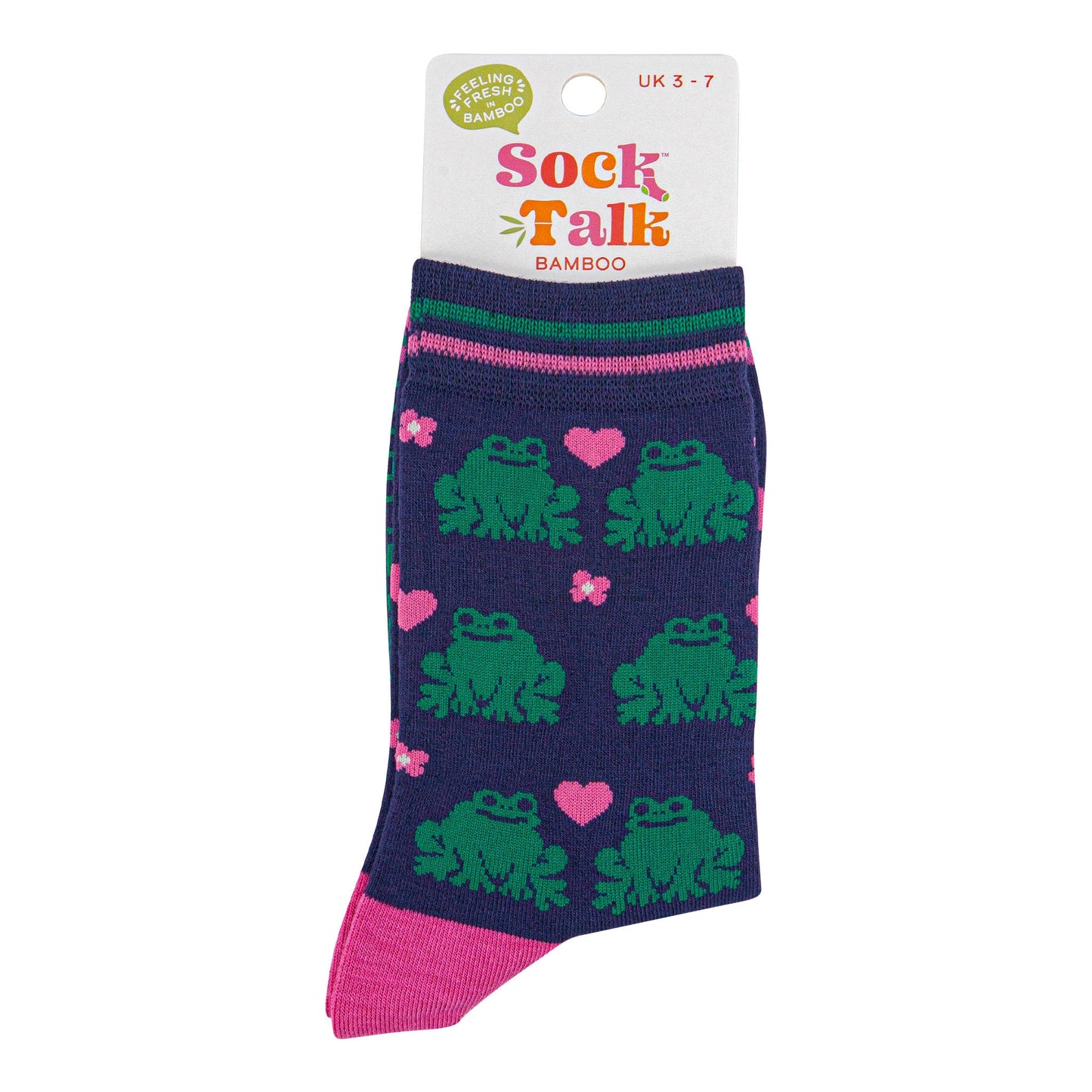 womens-bamboo-socks-navy-blue-pink-frogs-in-sock-talk-packaging