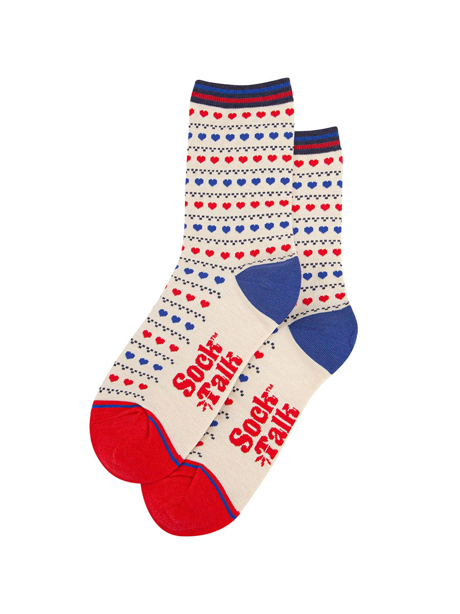 womens-bamboo-socks-cream-red-blue-heart-fair-isle-laying-flat-showing-love-heart-pattern-all-over-the-ankle-socks