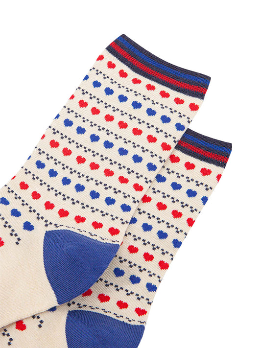 womens-bamboo-socks-cream-red-blue-heart-fair-isle-close-up-showing-red-and-blue-love-hearts-in-rows-separated-by-fair-isle-dots