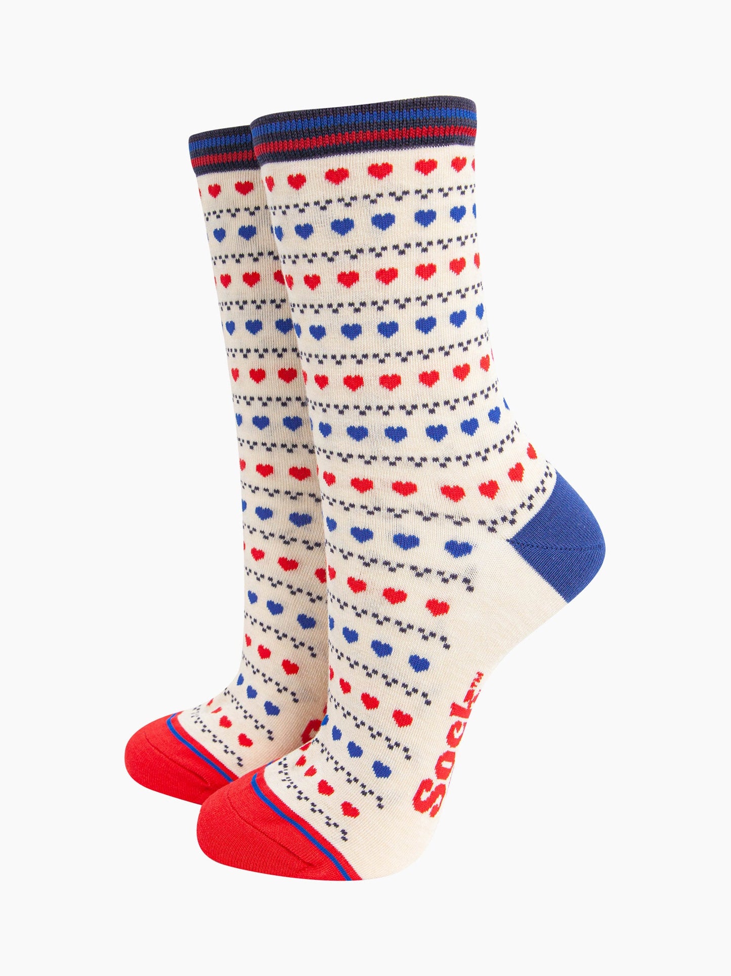 womens-bamboo-socks-cream-red-blue-heart-fair-isle-pattern-shows-a-repeating-love-heart-and-dot-pattern