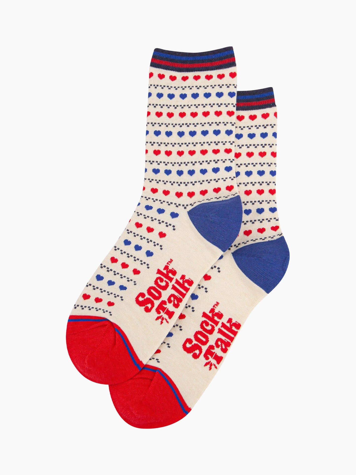 womens-bamboo-socks-cream-red-blue-heart-fair-isle-laying-flat-showing-love-heart-pattern-all-over-the-ankle-socks