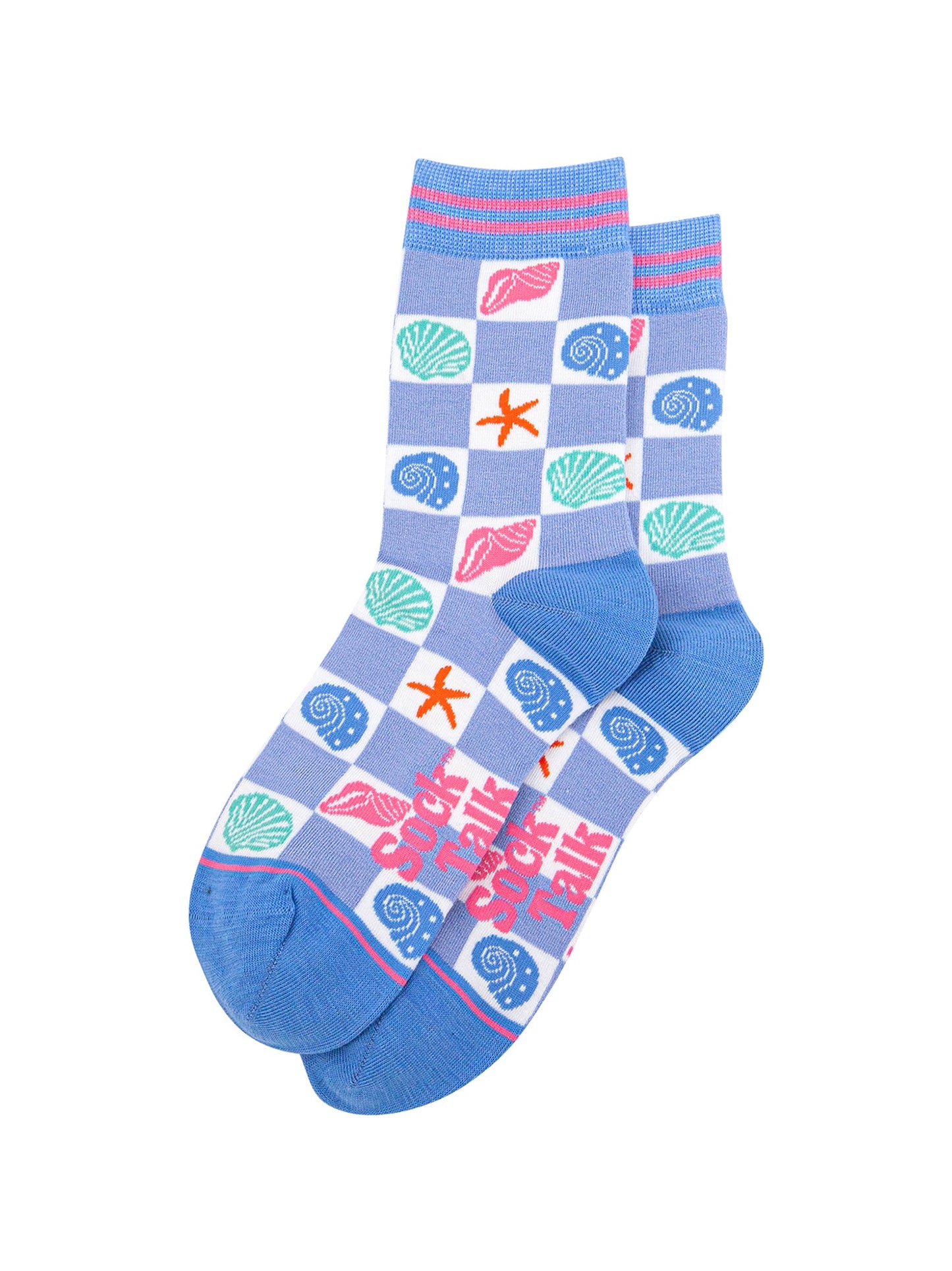 Seashell-Checkerboard-Bamboo-Socks-in-Blue-Laid-Flat