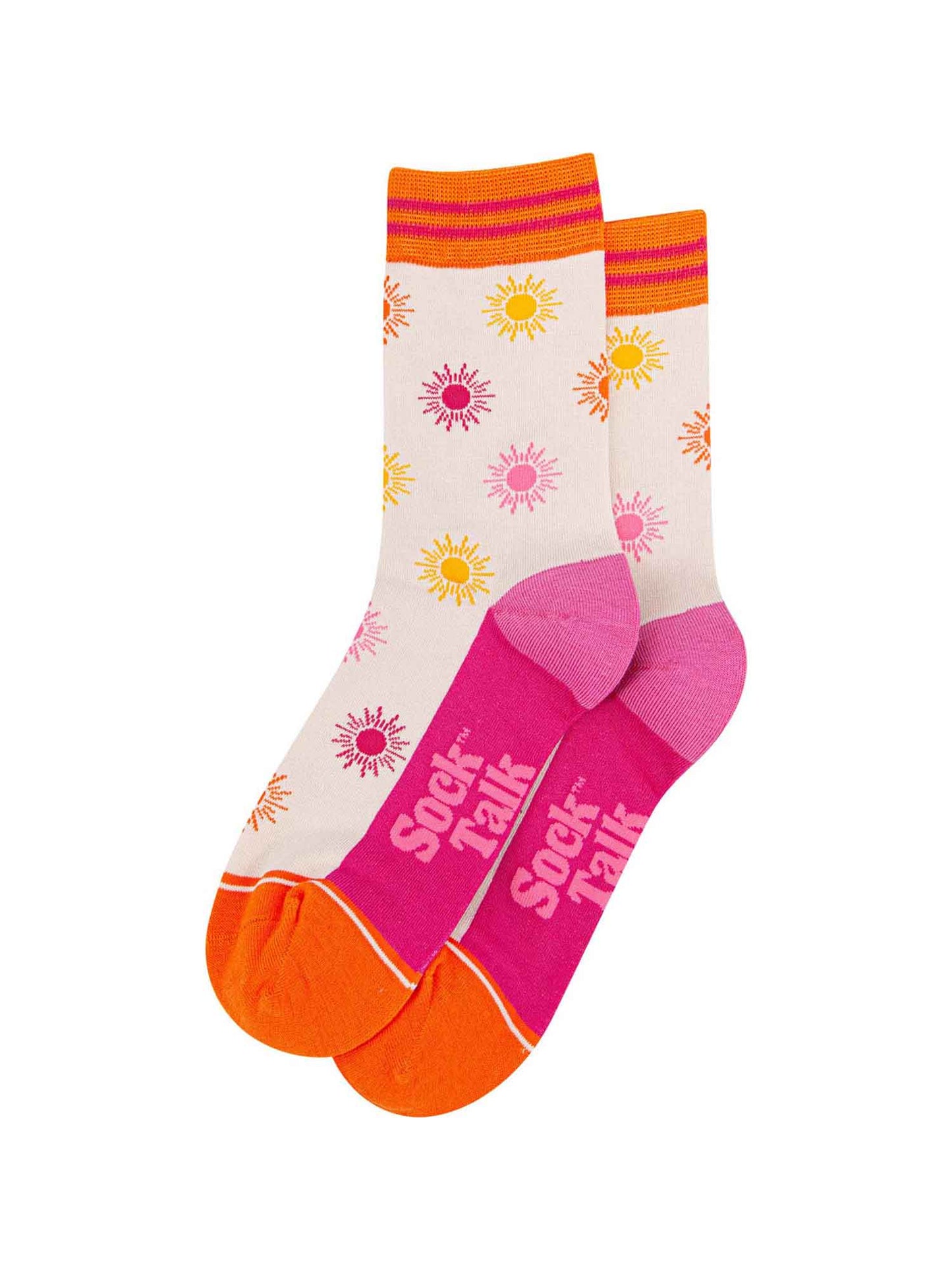 womens-bamboo-socks-cream-multi-sunshine-laying-flat-coloruful-sunshine-pattern-covers-the-socks