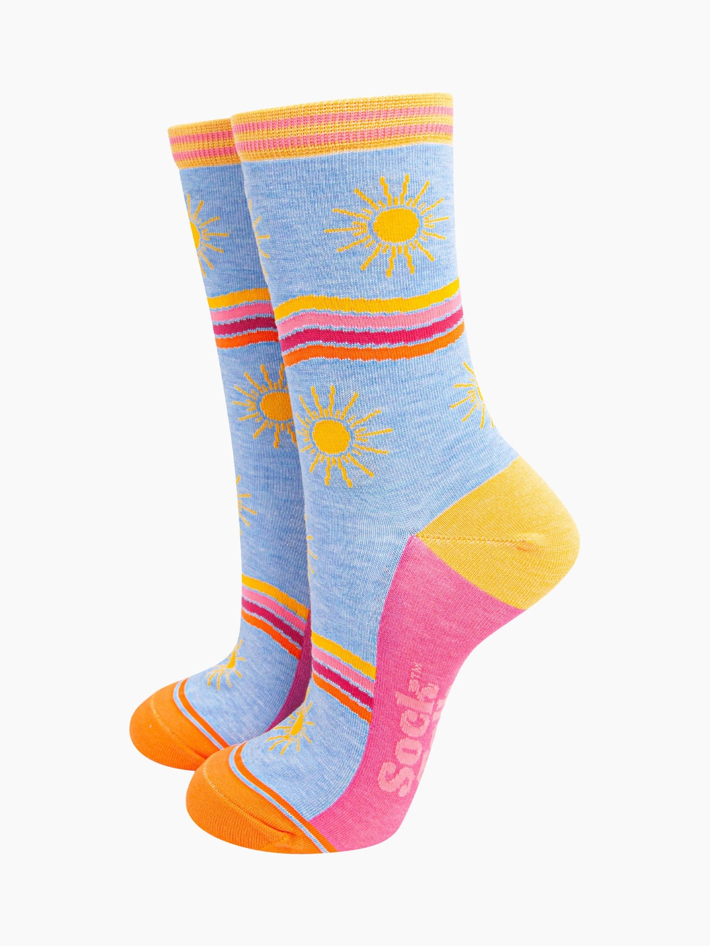 womens-bamboo-socks-blue-sunshine-wavy-stripes-pattern-bold-yellow-suns-wavy-rainbow-stripes