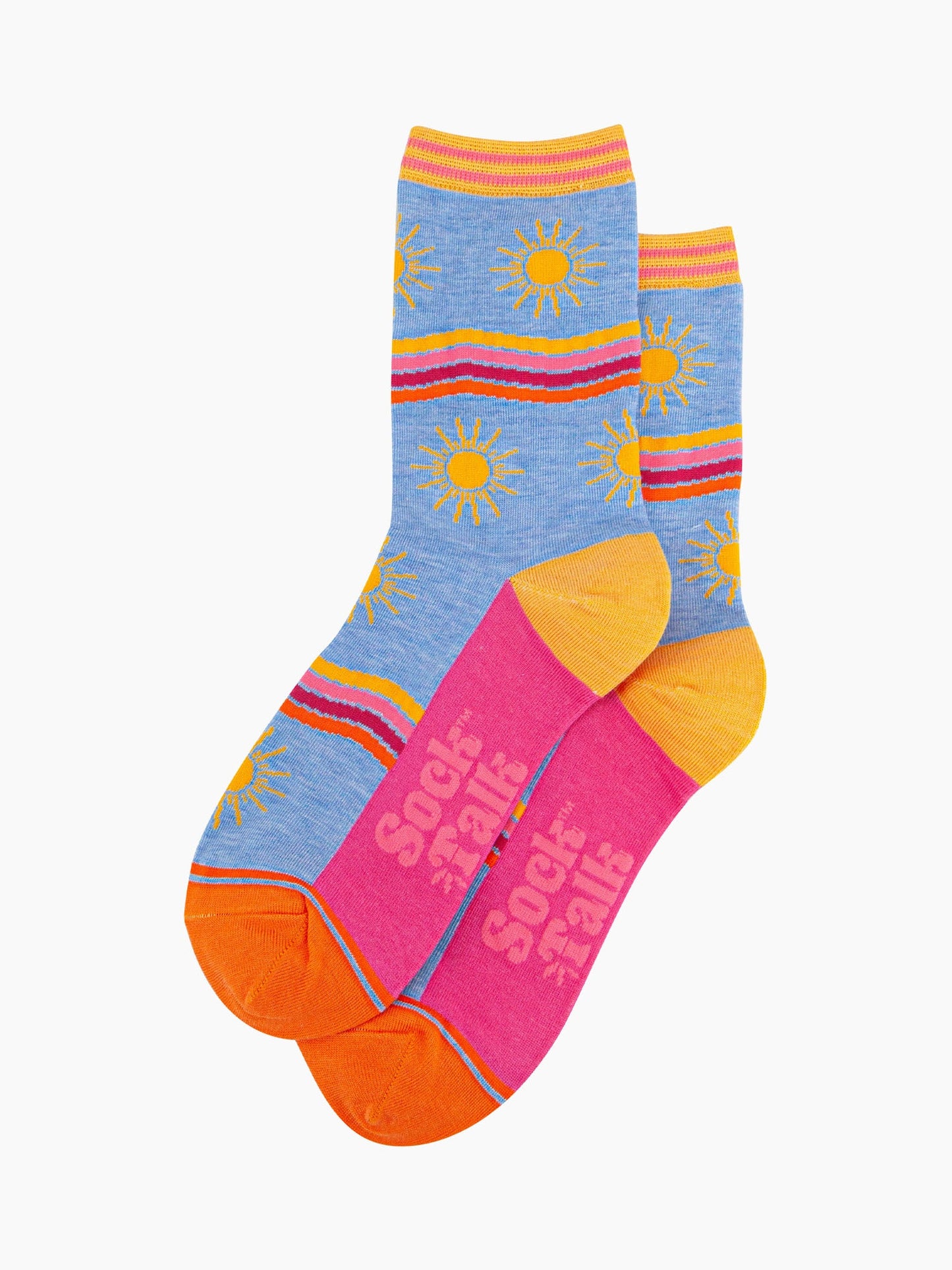womens-bamboo-socks-blue-sunshine-wavy-stripes-laying-flat-sunshine-rainbow-stripe-pattern-covers-the-design