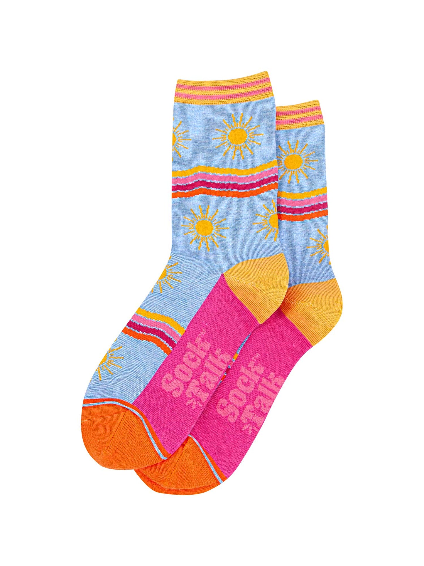 womens-bamboo-socks-blue-sunshine-wavy-stripes-laying-flat-sunshine-rainbow-stripe-pattern-covers-the-design