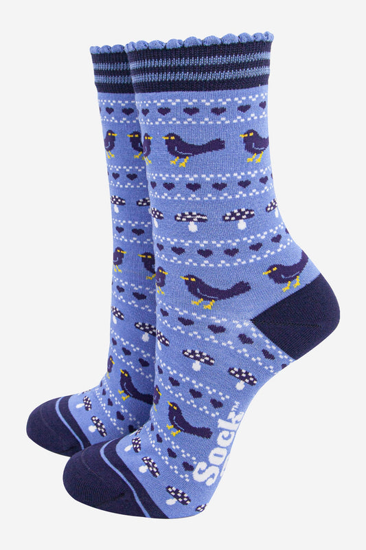 womens-bamboo-socks-denim-blue-navy-blue-blackbird-fair-isle-woodland-animals