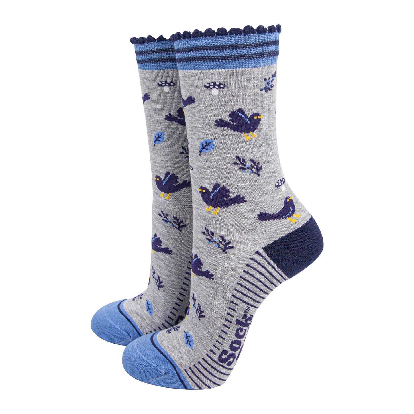 womens-bamboo-socks-light-grey-denim-blue-blackbirds-garden-birds
