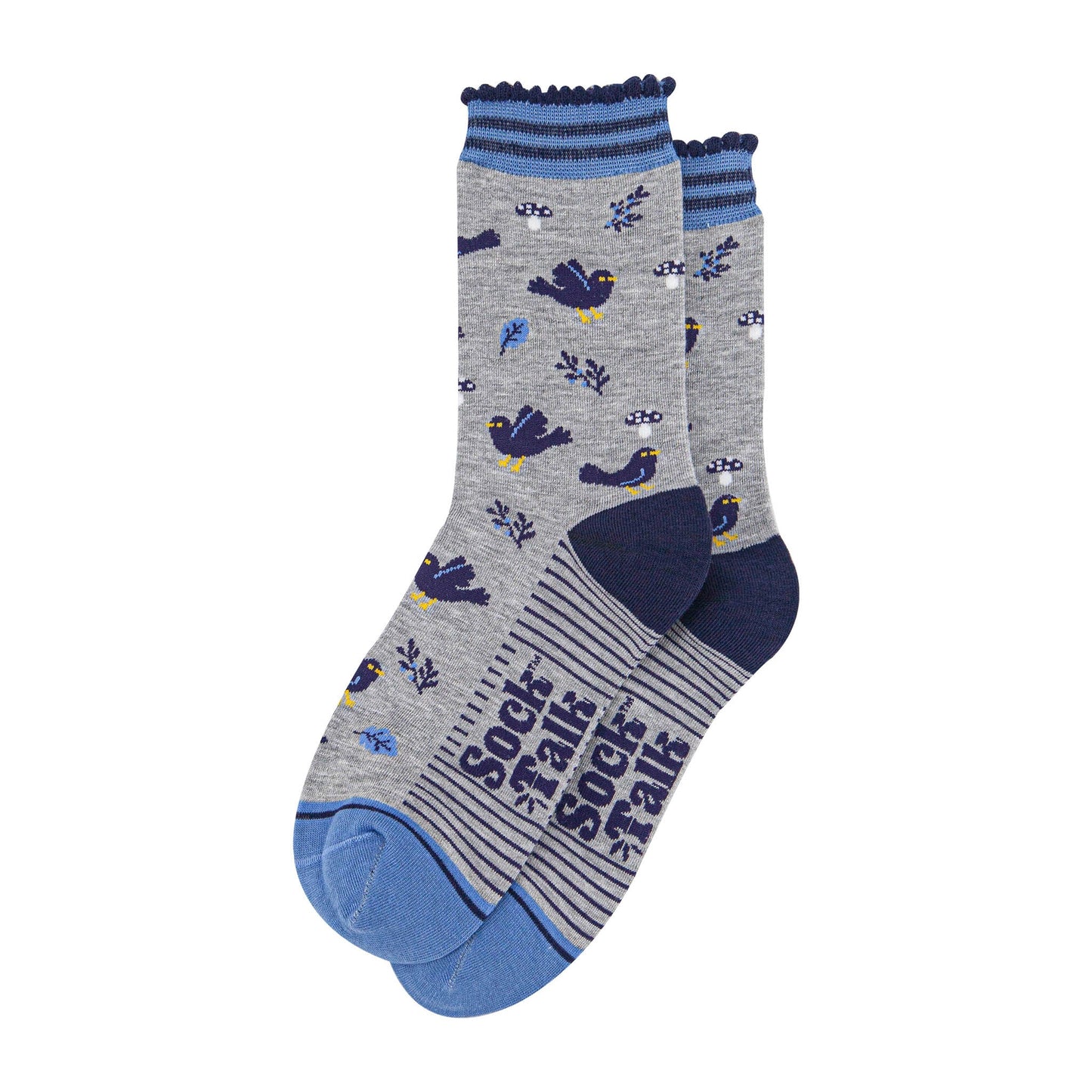 womens-bamboo-socks-light-grey-denim-blue-blackbirds-laying-flat