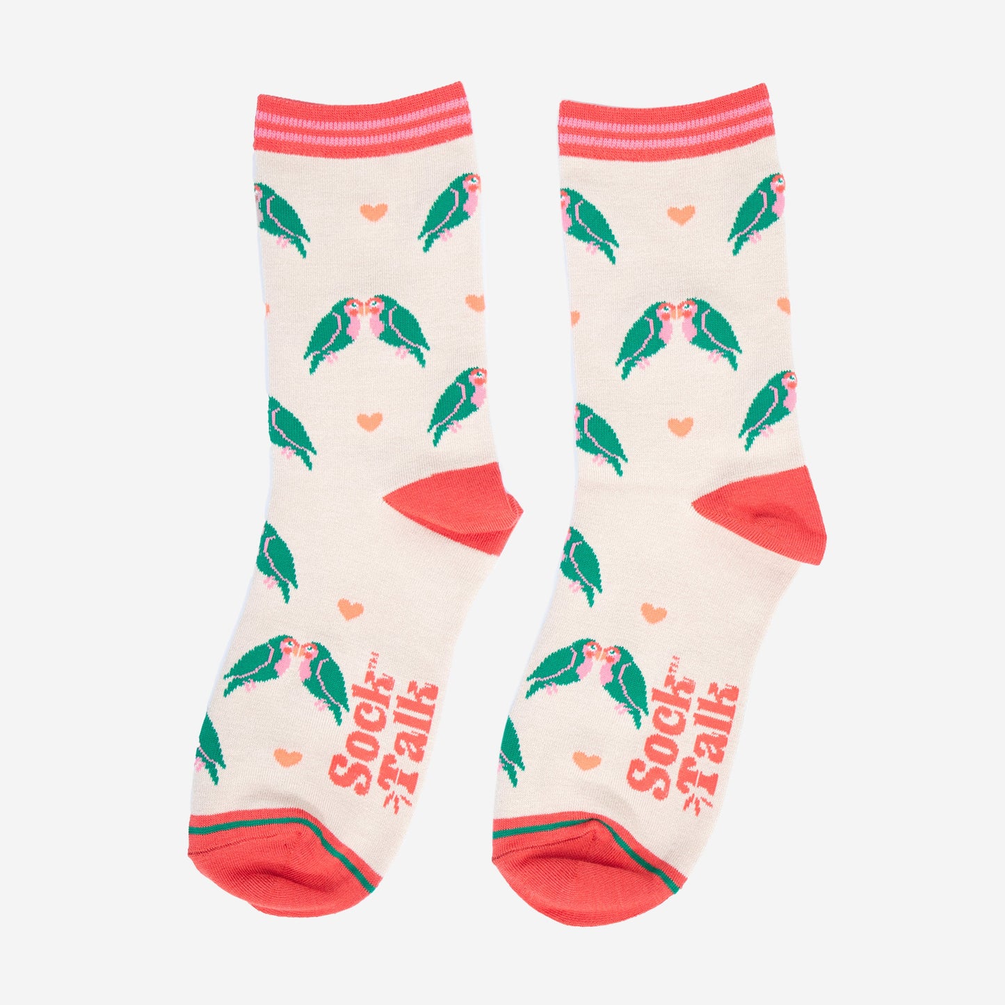 showing the love bird socks laying flat, the pattern of the love birds and love hearts is all over the socks