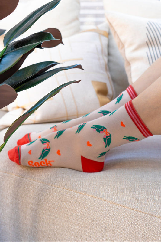 Women's Bamboo Socks - Cream, Lovebirds and Hearts