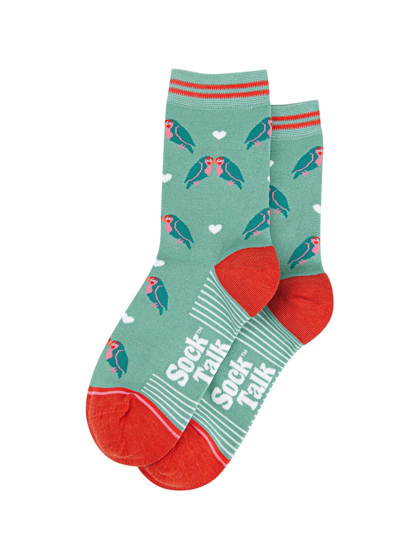 Kissing-Lovebirds-Bamboo-Socks-in-Green-Laid-Flat