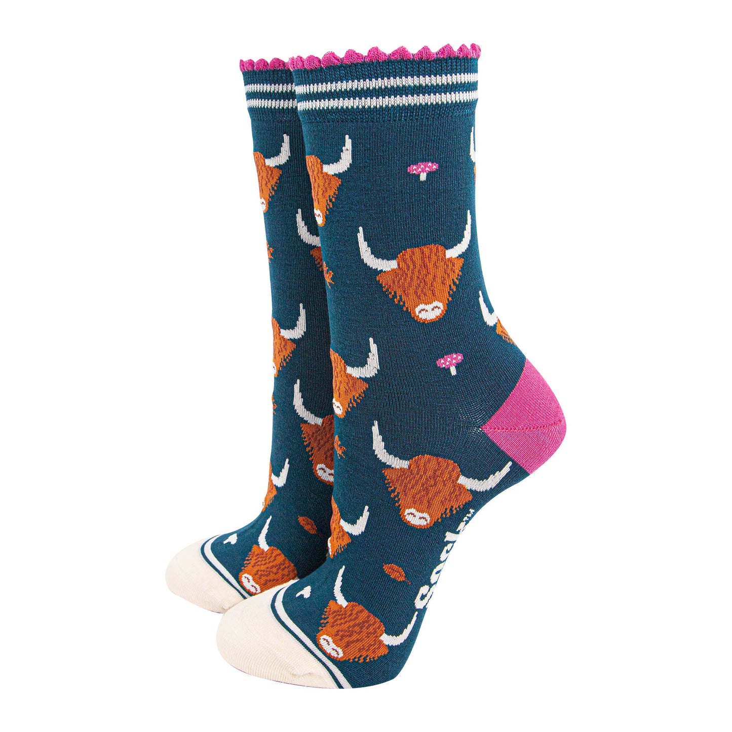 womens-bamboo-socks-forest-green-cream-highland-cow-leaves-toadstools