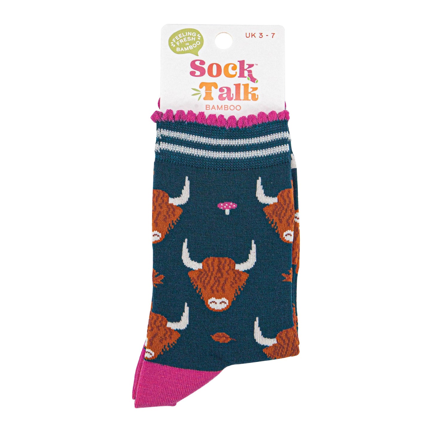 womens-bamboo-socks-forest-green-cream-highland-cow-leaves-in-sock-talk-packaging