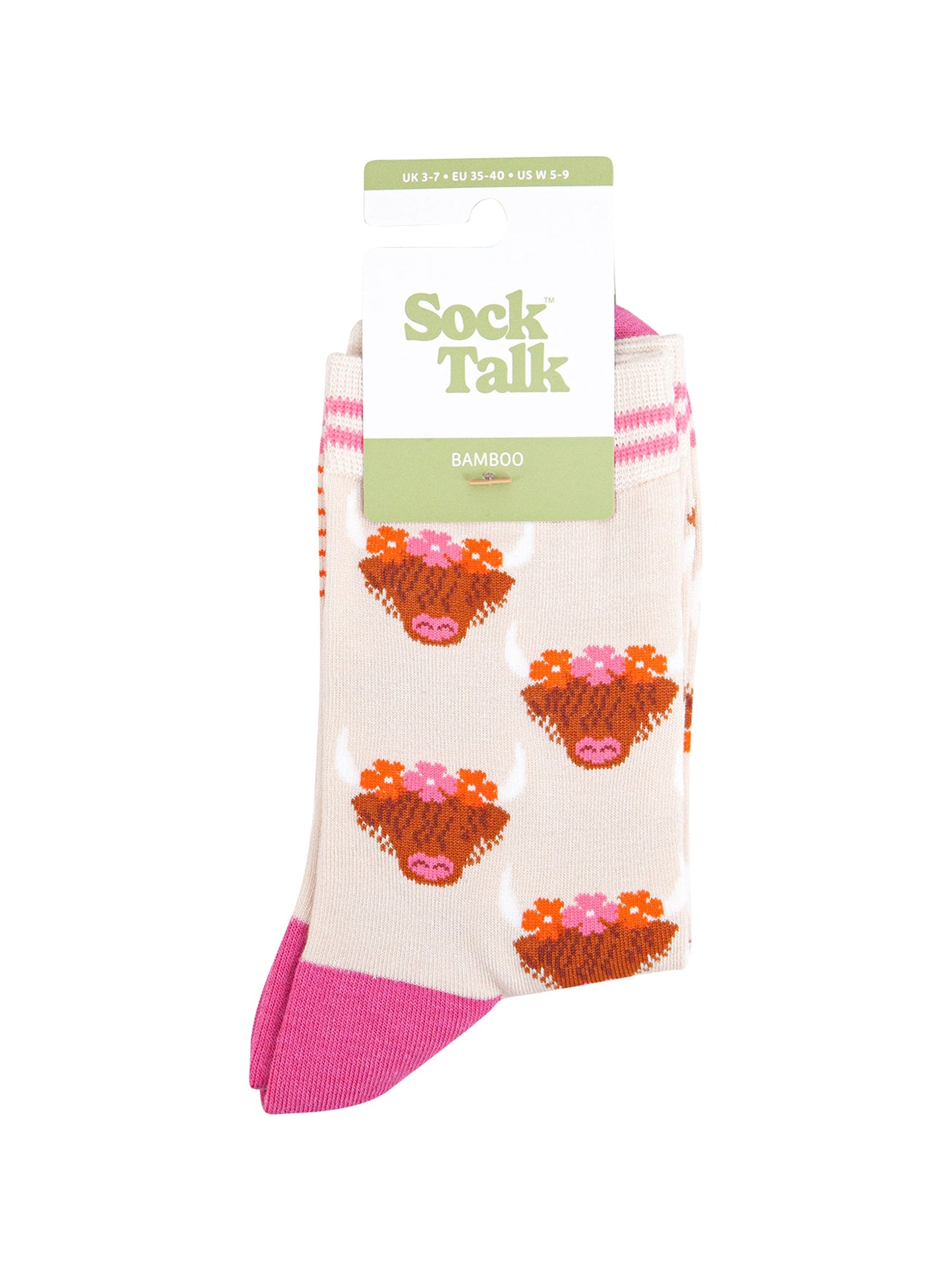 Floral-Crown-Highland-Cow-Bamboo-Socks-in-Cream-in-packaging