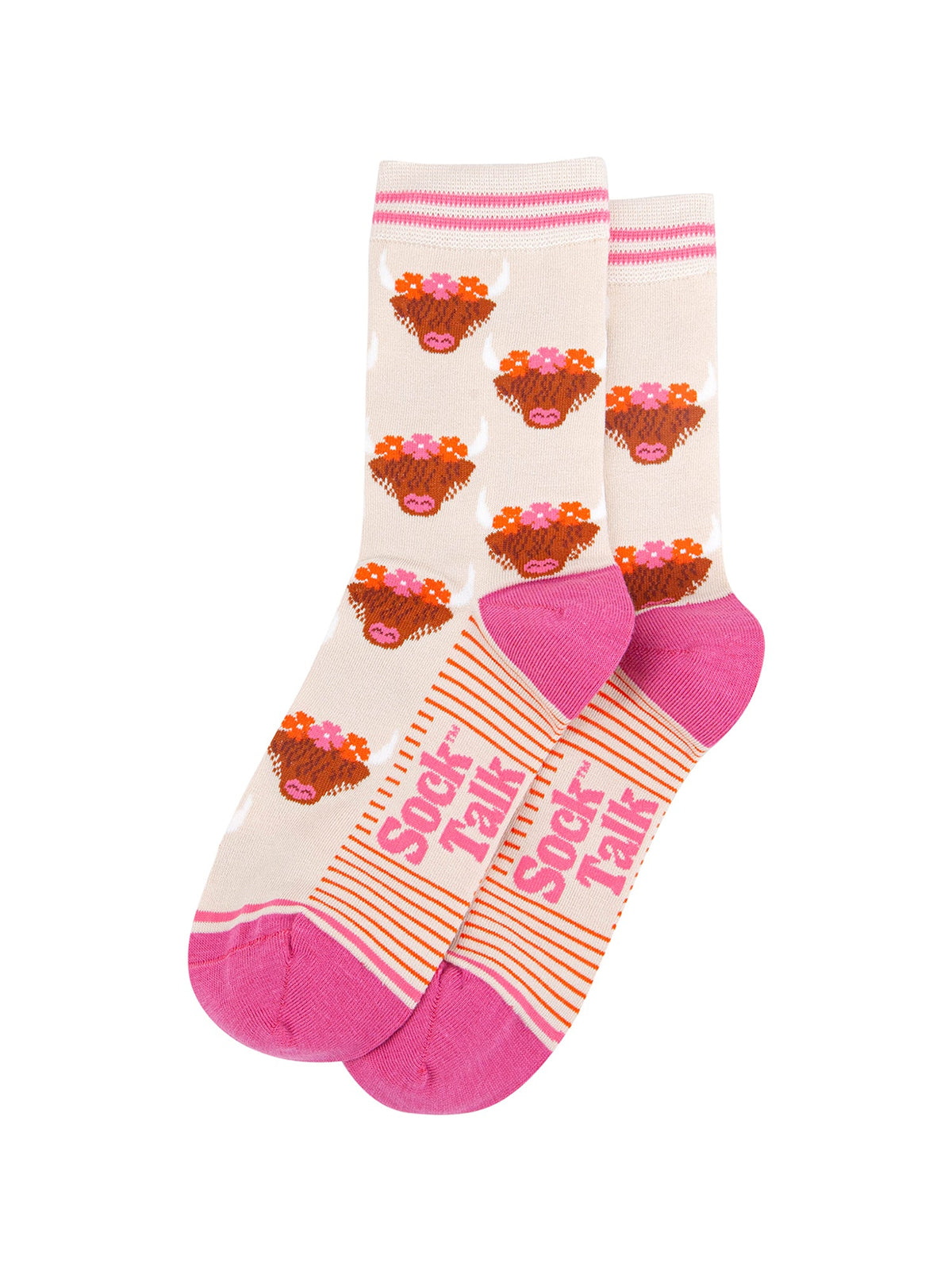 Floral-Crown-Highland-Cow-Bamboo-Socks-in-Cream-laid-flat