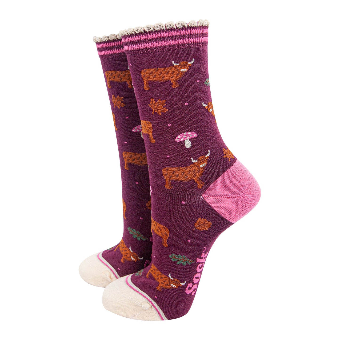 womens-bamboo-socks-berry-cream-highland-cow-toadstool-animals