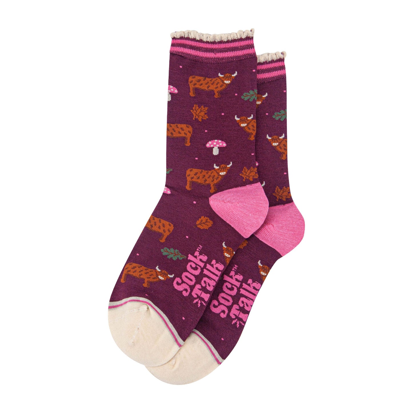 womens-bamboo-socks-berry-cream-highland-cow-toadstool-laying-flat