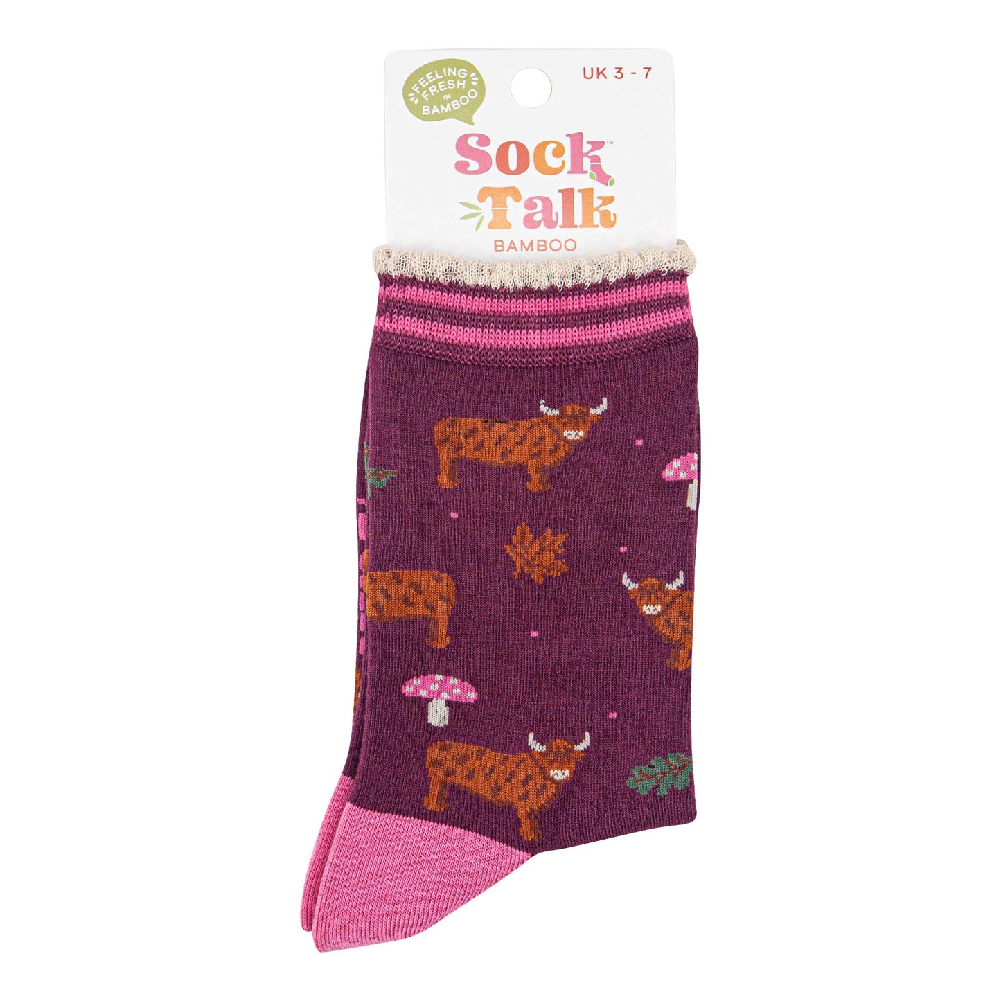 womens-bamboo-socks-berry-cream-highland-cow-toadstool-in-sock-talk-packaging