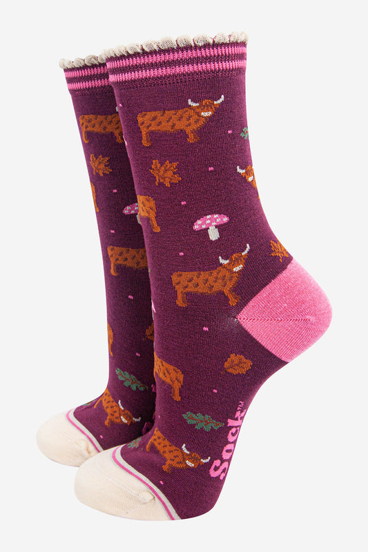 womens-bamboo-socks-berry-cream-highland-cow-toadstool-animals