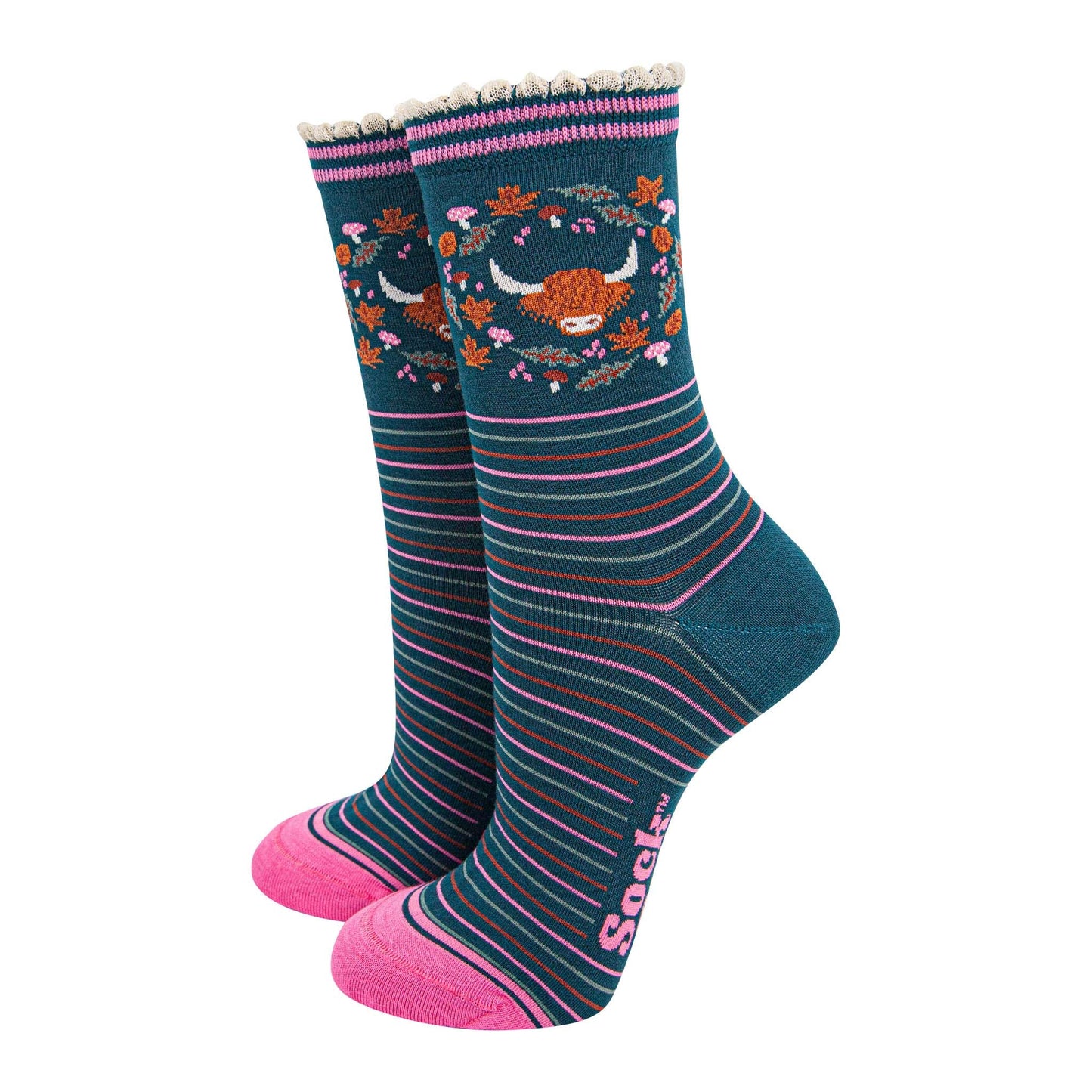 womens-bamboo-socks-forest-green-pink-highland-cow-floral-wreath-stripes