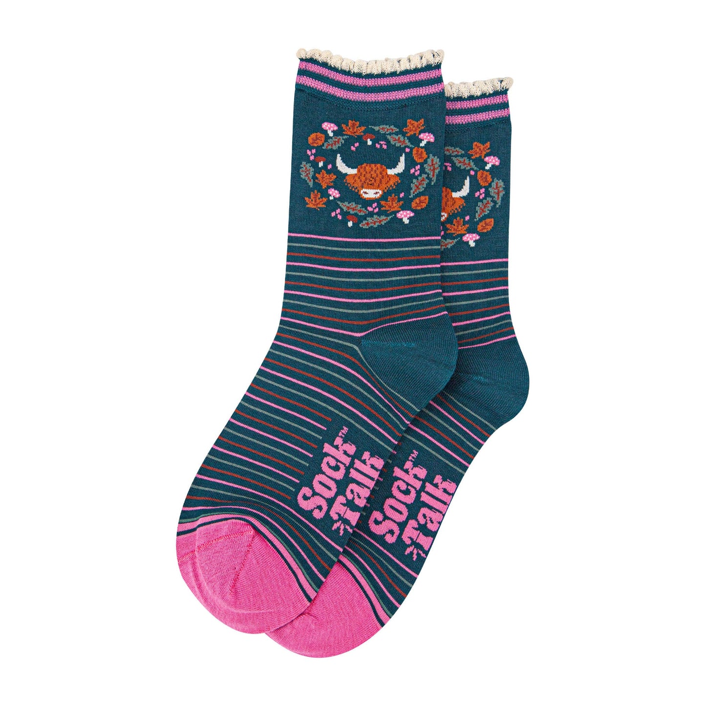 womens-bamboo-socks-forest-green-pink-highland-cow-floral-wreath-laying-flat