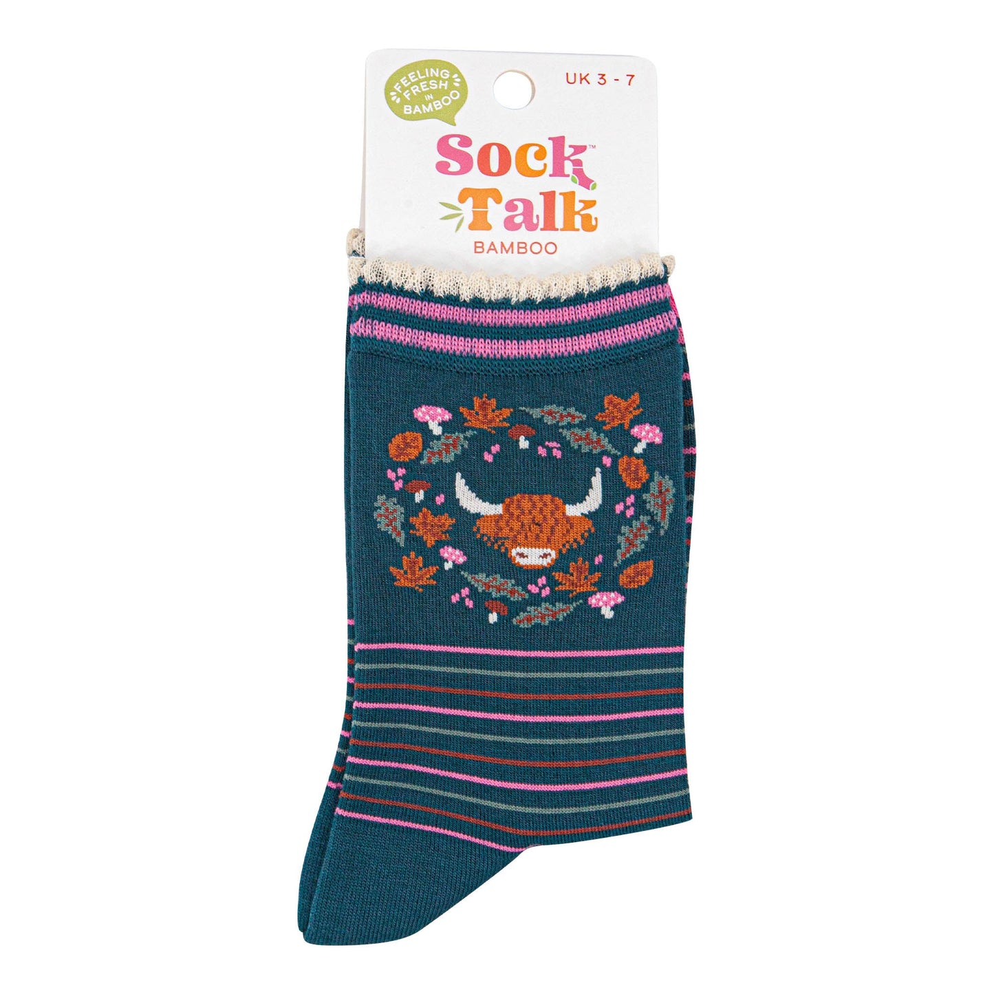 womens-bamboo-socks-forest-green-pink-highland-cow-floral-wreath-in-sock-talk-packaging