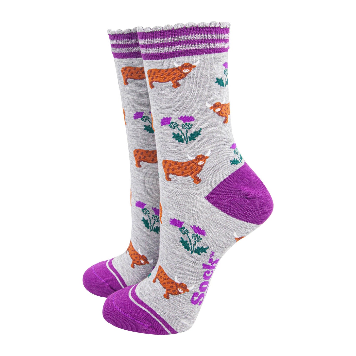 womens-bamboo-socks-light-grey-purple-highland-cow-thistles-scottish