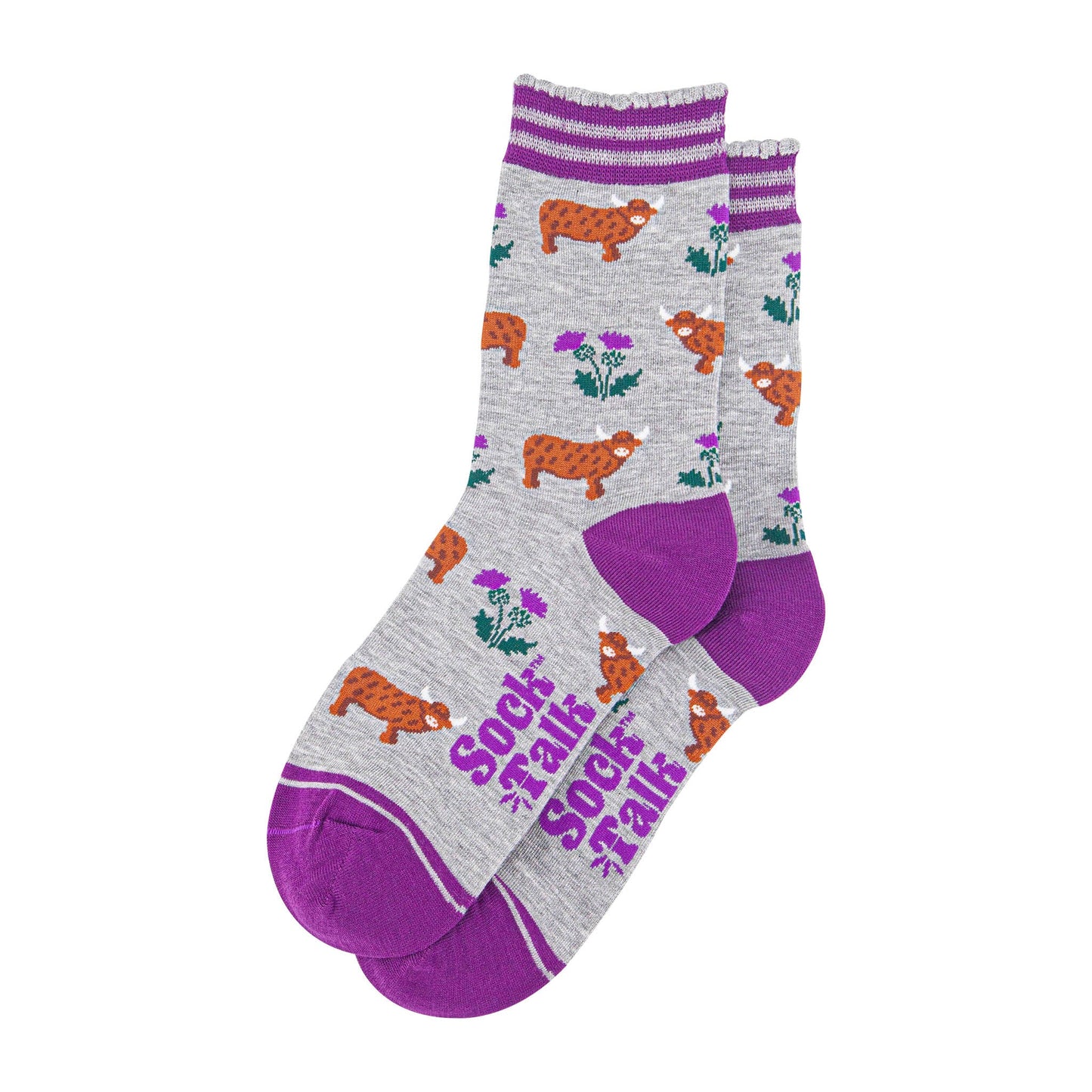 womens-bamboo-socks-light-grey-purple-highland-cow-thistles-laying-flat