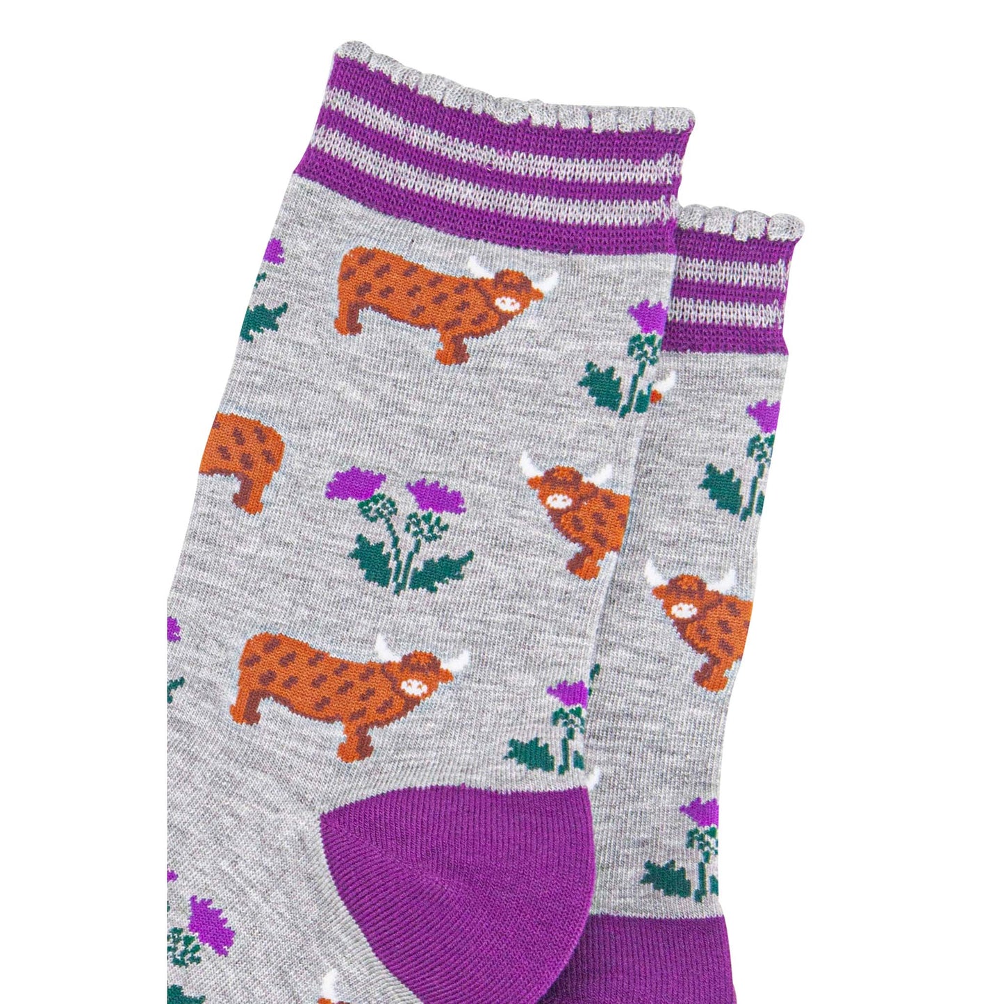 womens-bamboo-socks-light-grey-purple-highland-cow-thistles-close-up