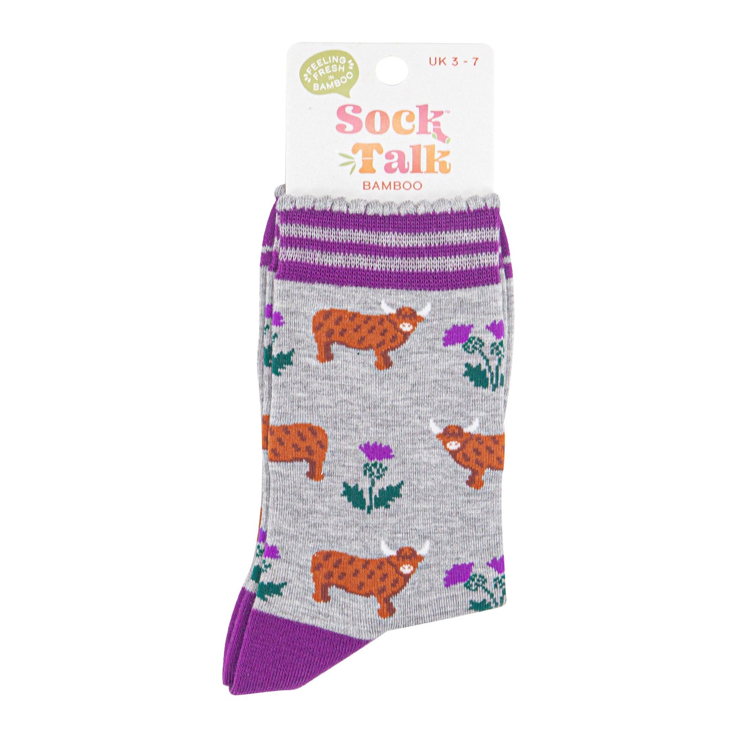 womens-bamboo-socks-light-grey-purple-highland-cow-thistles-in-sock-talk-packaging