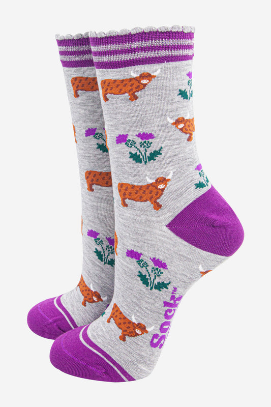 womens-bamboo-socks-light-grey-purple-highland-cow-thistles-scottish