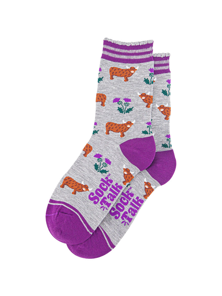 womens-bamboo-socks-light-grey-purple-highland-cow-thistles-laying-flat