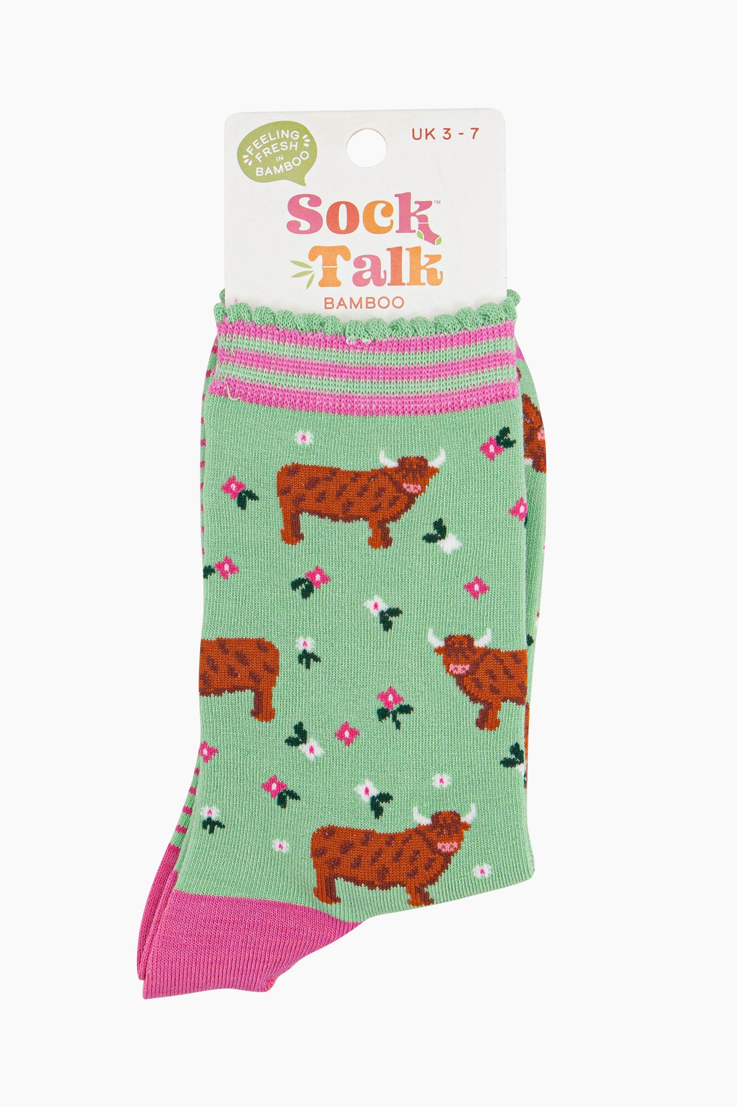 Women's Bamboo Socks - Green, Highland Cow Floral Meadow