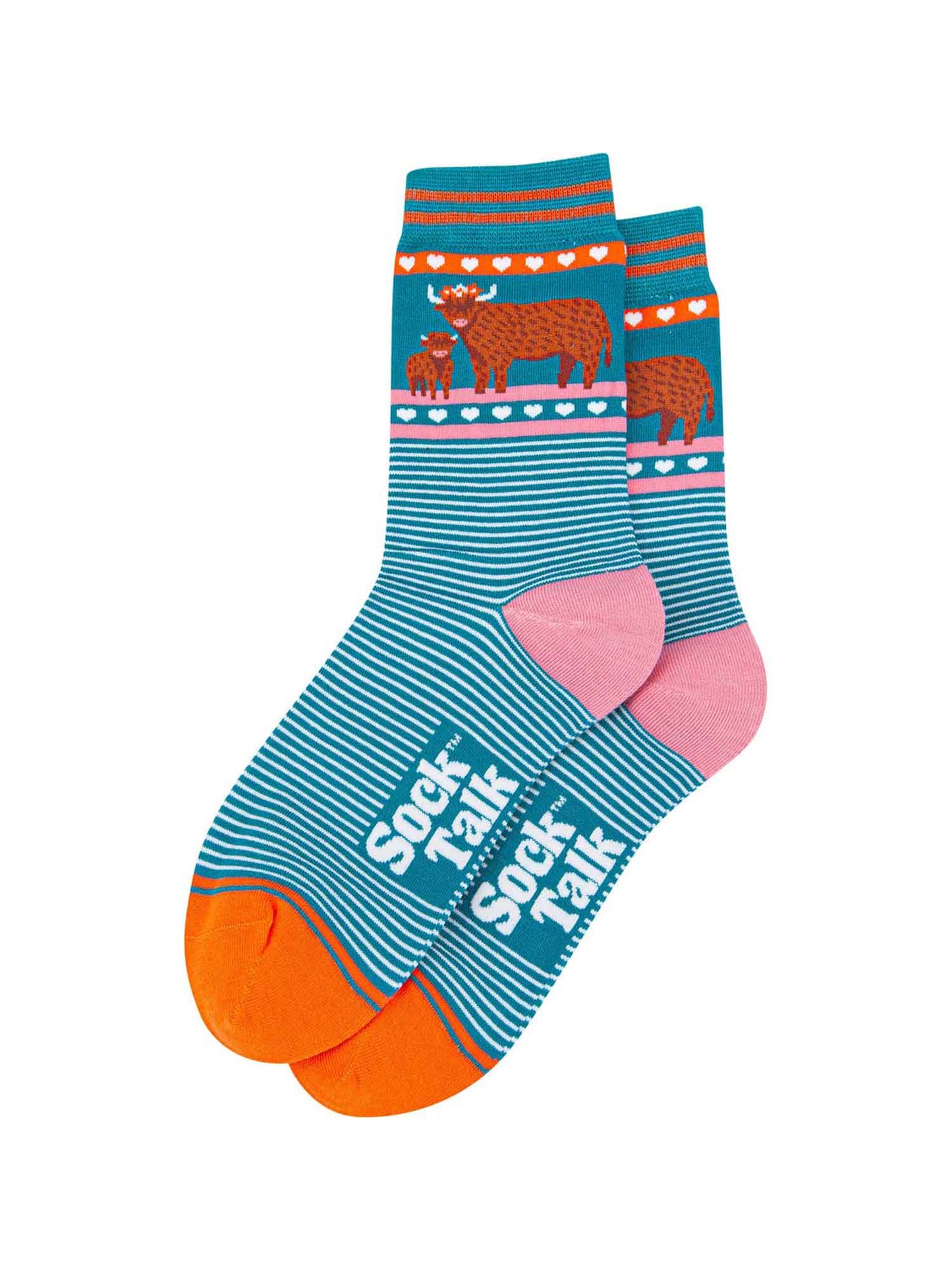 womens-bamboo-socks-teal-highland-cow-and-calf-laying-flat-mother-baby-cows