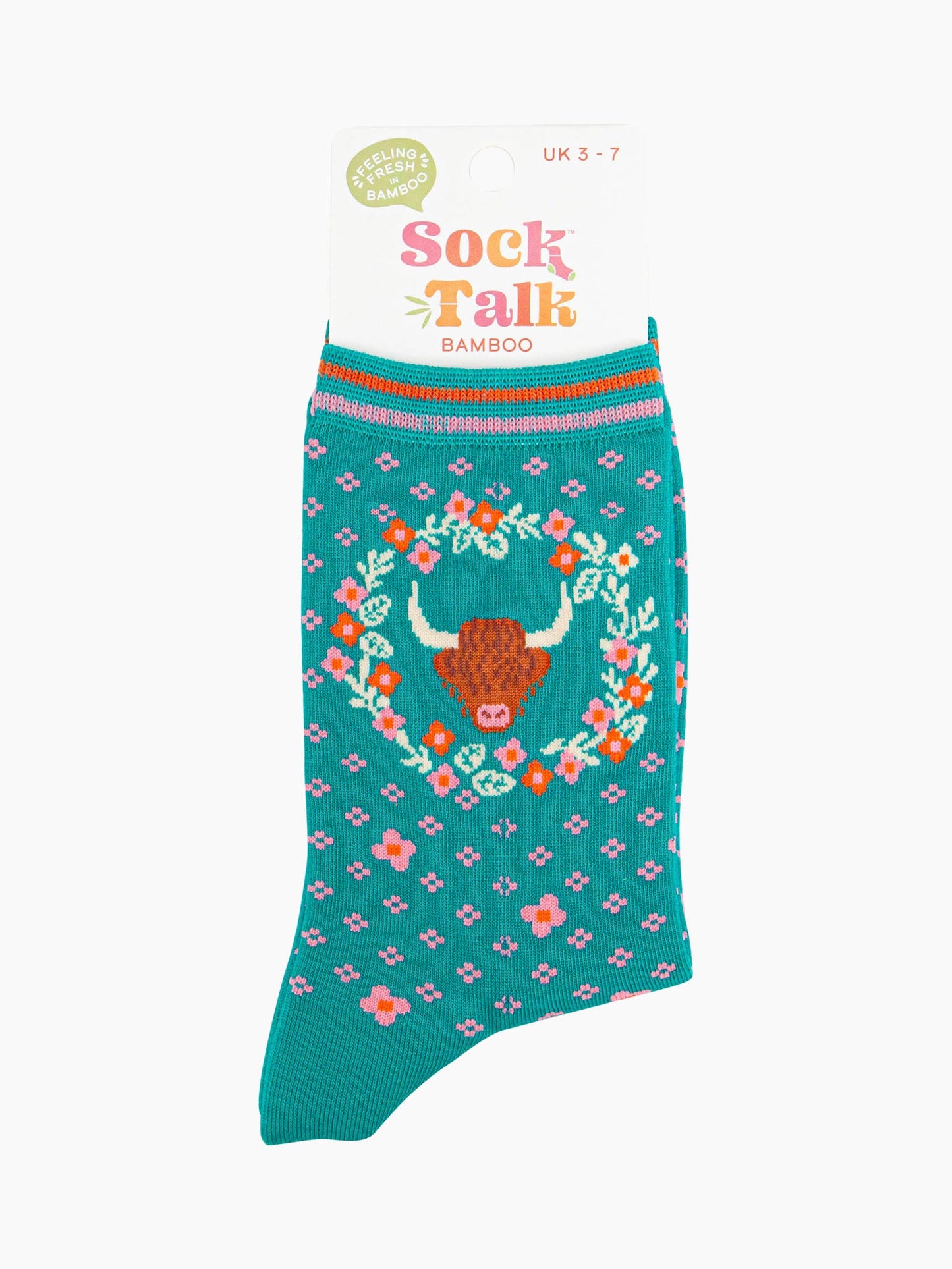 womens-bamboo-socks-teal-highland-cow-floral-wreath-in-sock-talk-packaging-uk-size-3-7