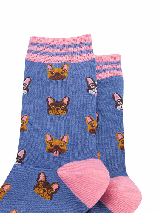 close up pf the french bulldog pattern on the ankle socks