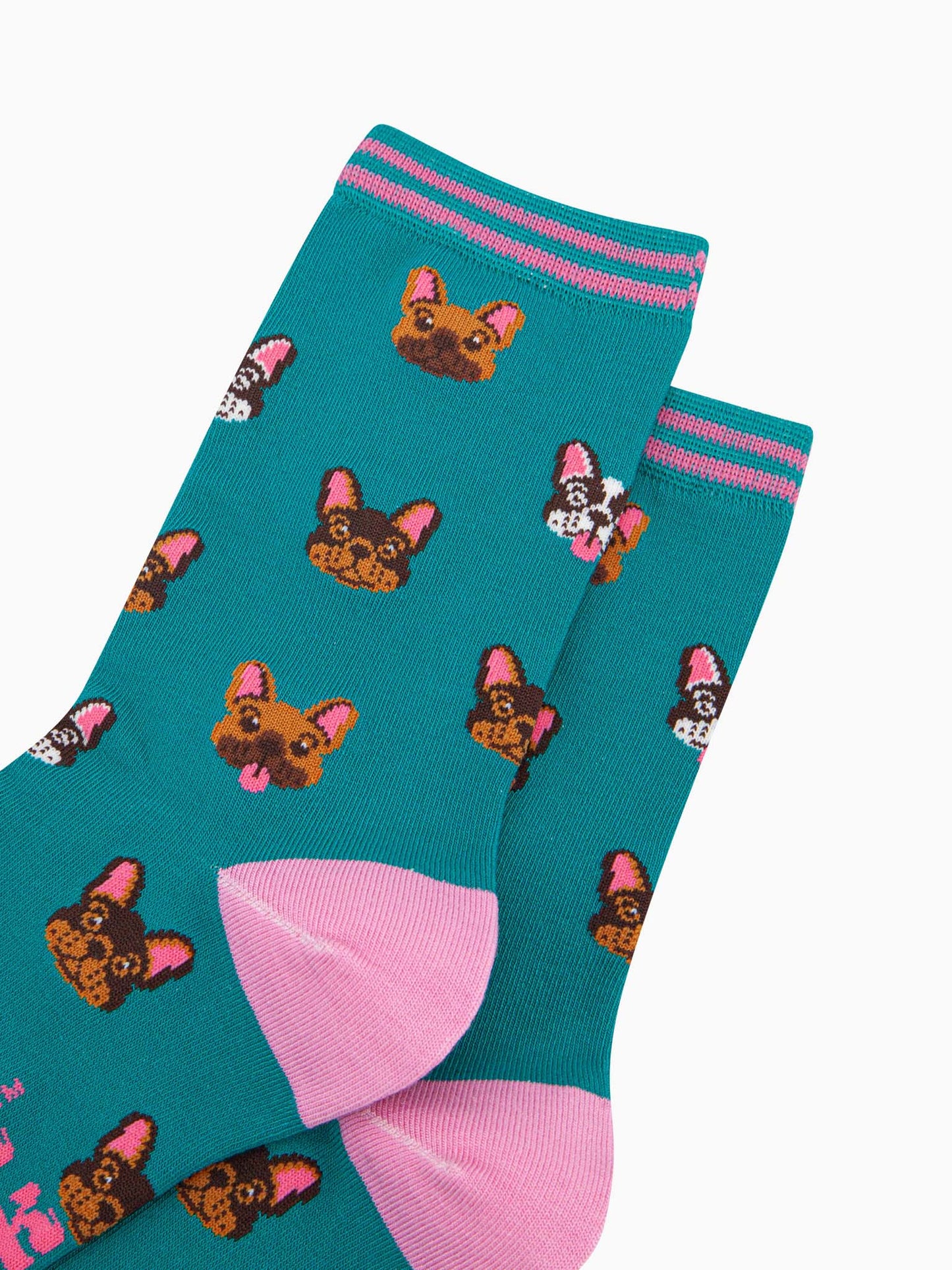 womens-bamboo-socks-teal-frenchie-bulldogs-close-up-pattern-dog-faces-brown-black-white
