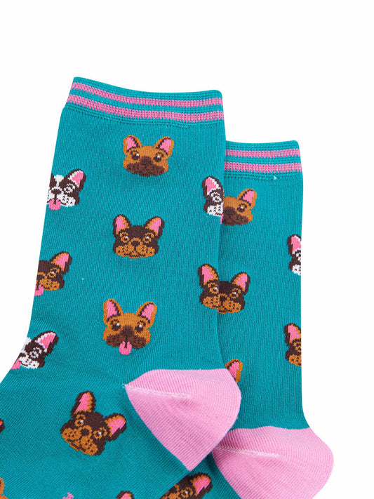 womens-bamboo-socks-teal-frenchie-bulldogs-close-up-pattern-dog-faces-brown-black-white