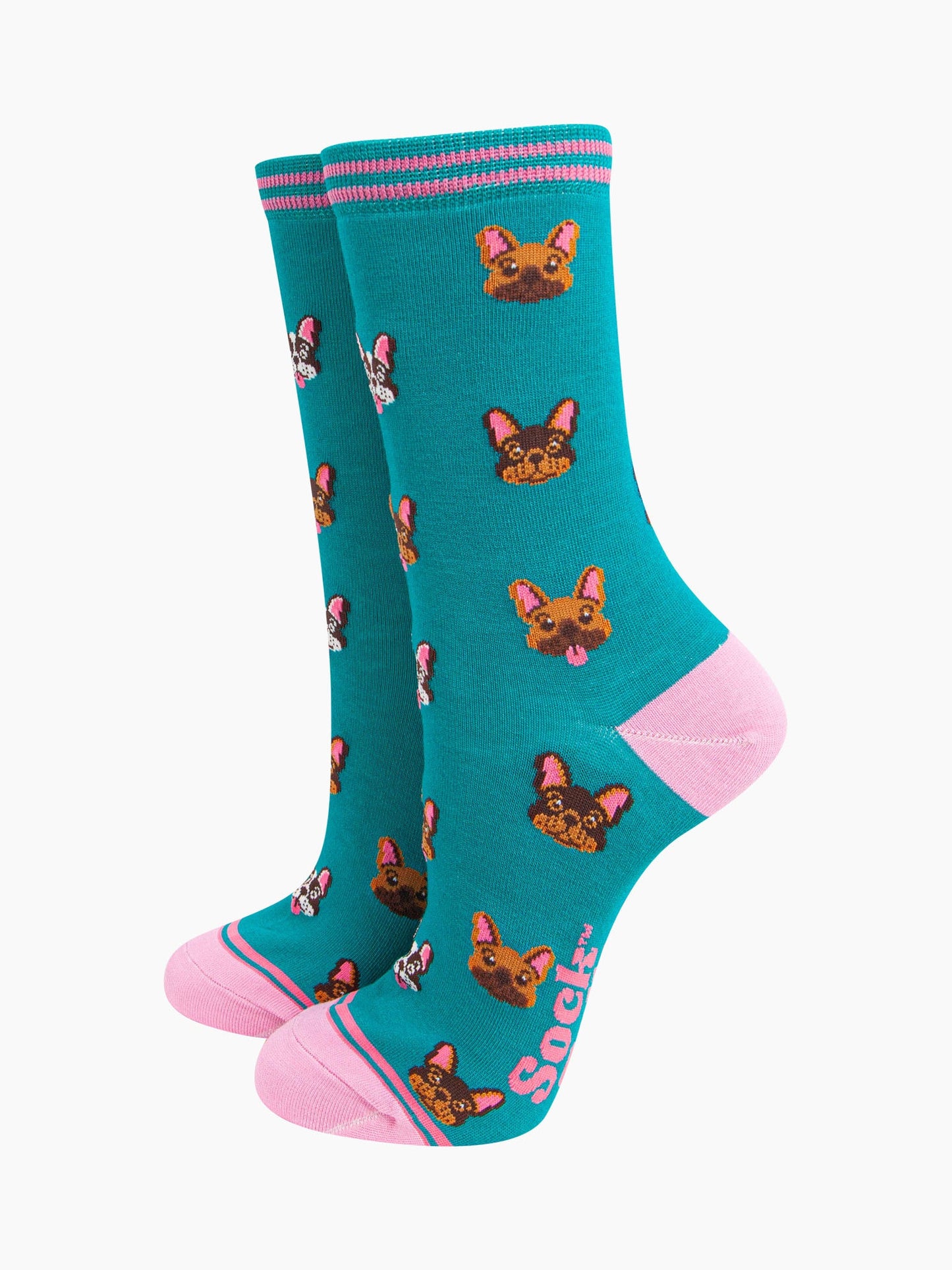 womens-bamboo-socks-teal-frenchie-bulldogs-blue-dog-faces-pets