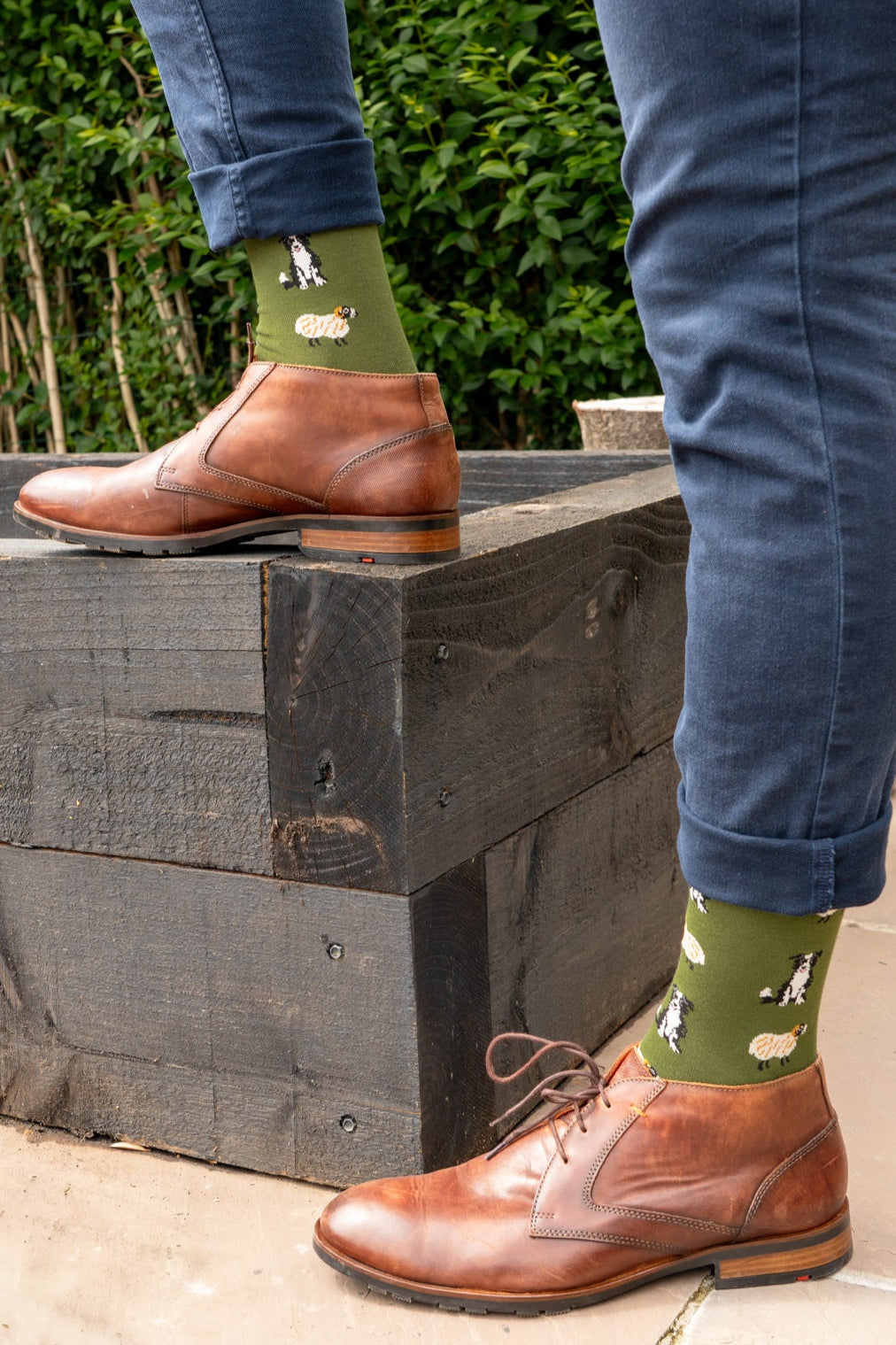 mens-bamboo-socks-green-black-sheep-with-brown-loafer