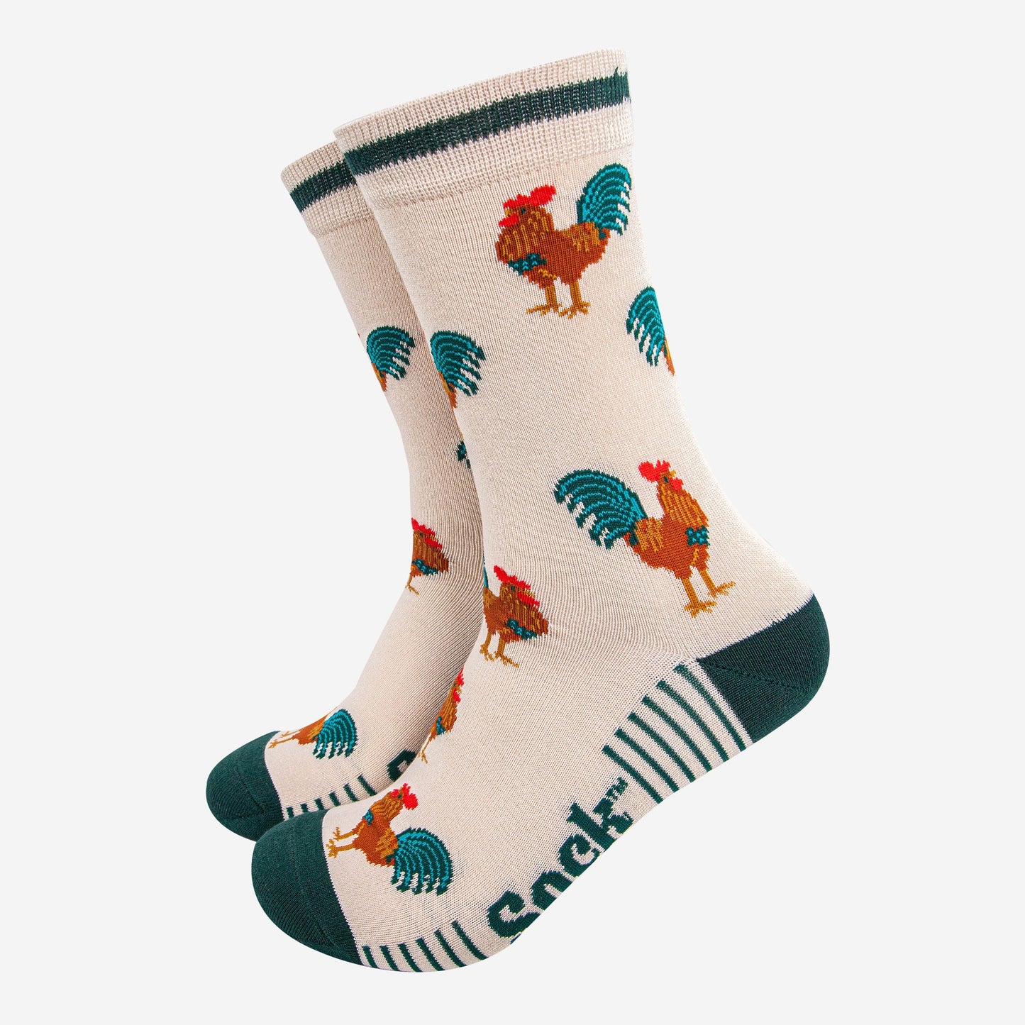 mens-bamboo-socks-cream-green-rooster-cockerel-chickens