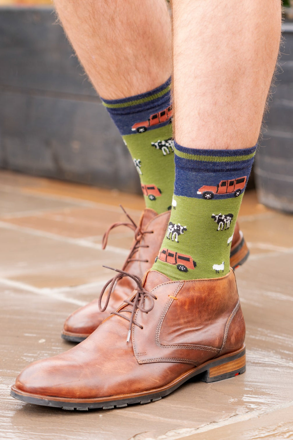 mens-bamboo-socks-navy-green-off-roader-farm-styled-with-brown-loafers