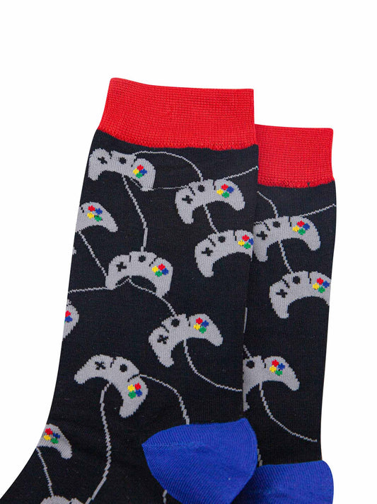close up of the game console controller pattern on the ankle socks