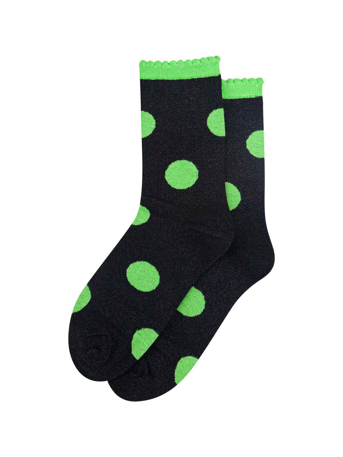 black and lime green large polka dot pattern glitter socks laying flat, showing the all over glitter sparkle